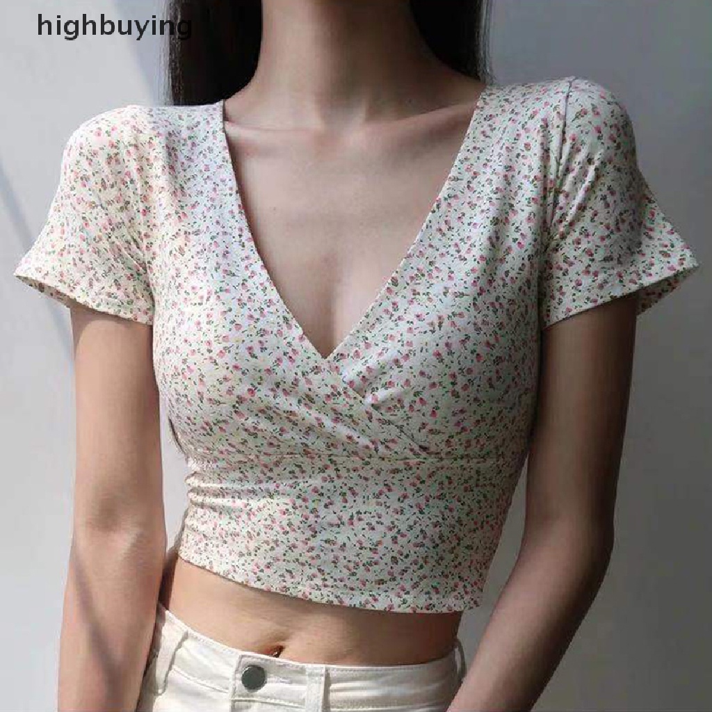 Áo Thun Lửng Ngắn Tay Cổ Chữ V In Hoa Gợi Cảm Cho Nữ