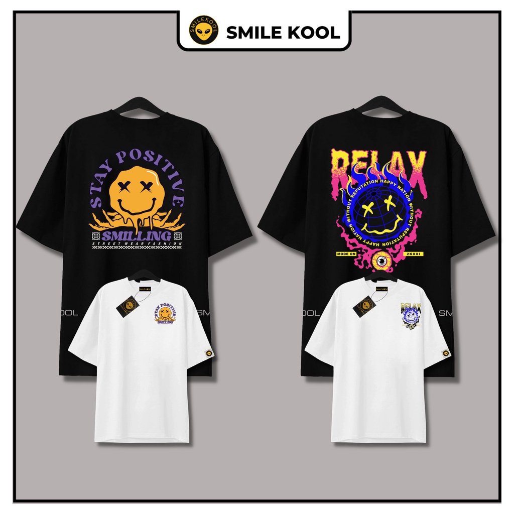 Áo Thun Tay Lỡ Smile Kool , mẫu in 2 mặt, Form rộng oversize, unisex, chất vải cotton, smilekool shop