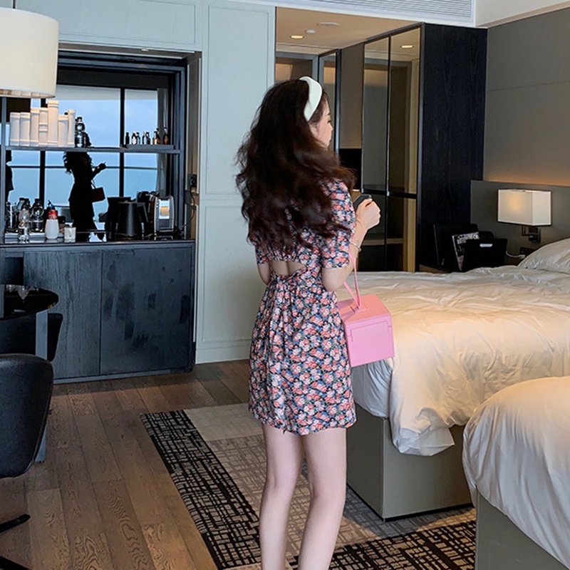 IELGY   Đầm Ngắn Dáng Ôm In Họa Tiết Hoa Phong Cách Pháp Thời Trang Cho Nữ