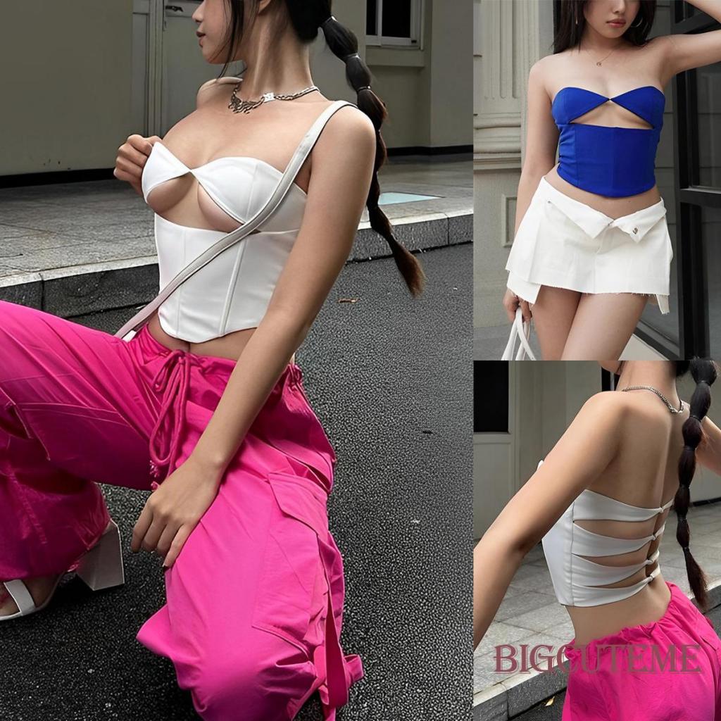 [] - Áo Crop Top Không Tay Hở Lưng Ôm Dáng Màu Trơn Buộc Dây Màu Trơn Mùa Hè Cho Nữ - Trắng / Đen / Xanh Dương