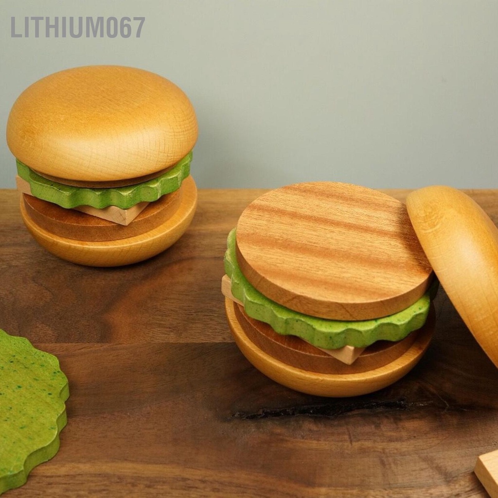 Lithium067 Hamburger Coaster Set Cách nhiệt Đế lót ly uống bằng gỗ tinh tế dễ thương có nam châm cho nhà bếp