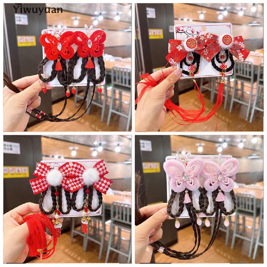 &lt; Yiwuyuan &gt; Bộ Kẹp Tóc Tua Rua Đính Bóng Lông Màu Đỏ Phong Cách Năm Mới Trung Hoa Quà Tặng Mùa Đông Cho Bé Gái
