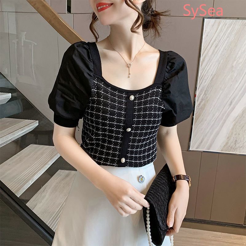 Áo Dệt Kim Tay Phồng Cổ Vuông Thời Trang Pháp Cho Nữ