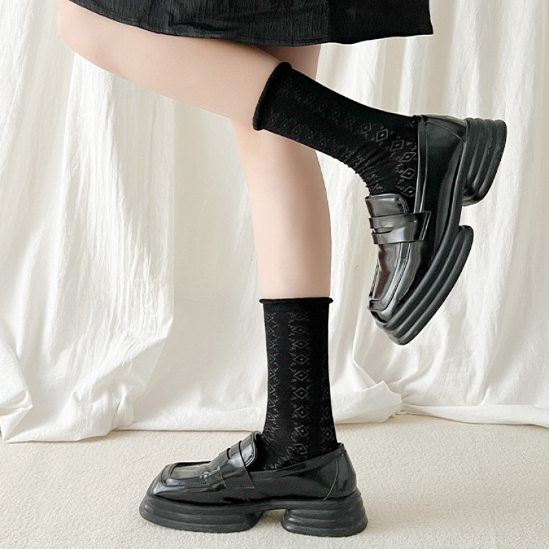 Vớ Cotton Mỏng Màu Đen Trơn Phối Ren Phong Cách Hàn Quốc Dành Cho Nữ