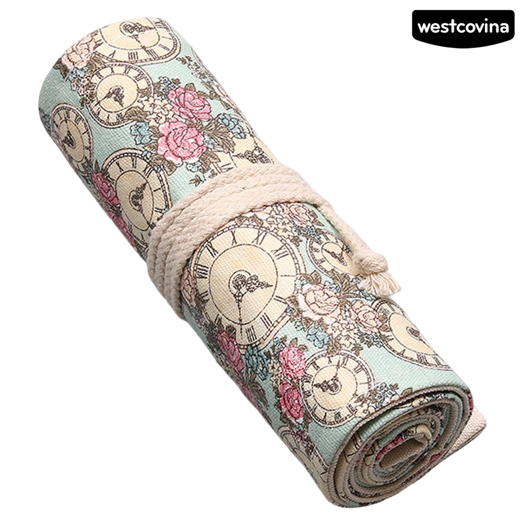 [COD]♪Túi Đựng Bút Dạng Cuộn 12 / 24 / 36 / 48 / 72 Lỗ Bằng Vải Canvas In Họa Tiết Hoa Hồng Sức Chứa Lớn