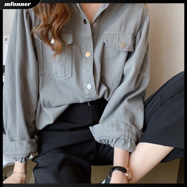 Áo Sơ Mi Denim Tay Dài Dáng Rộng Màu Sắc Đơn Giản Cho Nữ