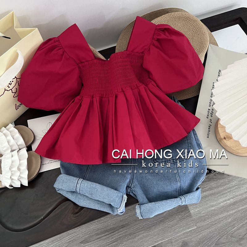 Bộ Áo Sơ Mi Tay Phồng + Quần Jean Thời Trang Hàn Quốc Cho Bé Gái