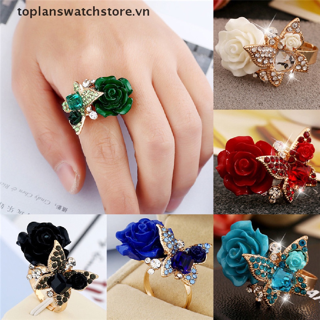 Nhẫn Đính Hôn Hình Hoa Hồng Và Bướm Đính Đá Pha Lê Dễ Điều Chỉnh