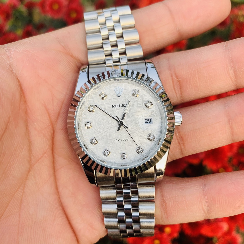 Đồng hồ đeo tay Rolex viền trơn kẻ sọc sang trọng đẳng cấp, Đồng hồ nam dây thép đúc đặc nguyên khối mạ không gỉ