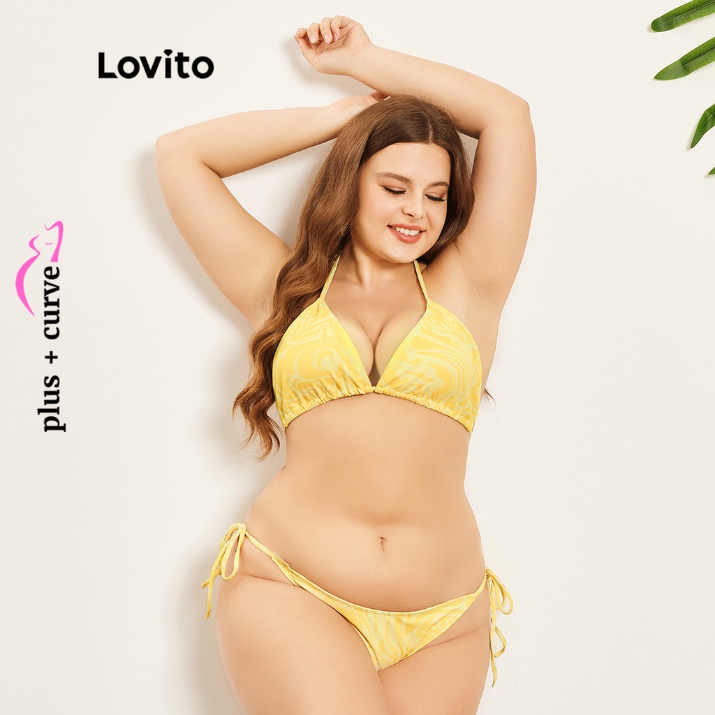 Bộ đồ bơi bikini Lovito phối lưới dây mảnh nhiệt đới thường ngày tôn đường cong size lớn cho nữ LPS07075 (Màu vàng)