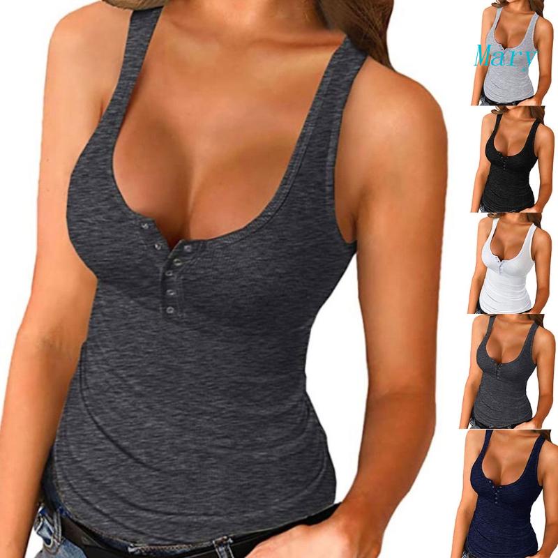Áo Tank Top Dệt Kim Hai Dây Cổ Chữ U Khoét Sâu Cài Khuy Gợi Cảm Cho Bạn Gái