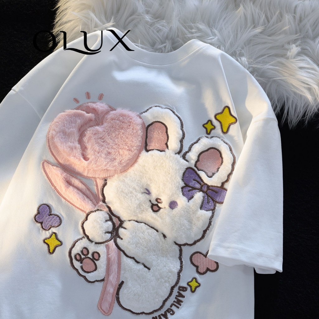 Áo Thun 100% Cotton Dáng Rộng Tay Ngắn In Hình Thỏ 3D Dễ Thương Cho Cặp Đôi JF4P