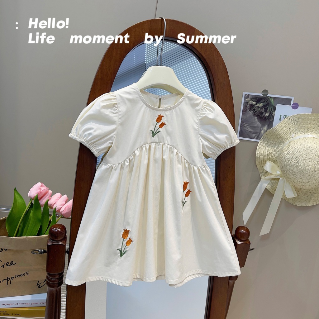 Đầm Tay Ngắn Phồng Thêu Họa Tiết Hoa Tulip Phong Cách Hàn Quốc Mẫu Mới 2023 Thời Trang Mùa Hè Cho Nữ