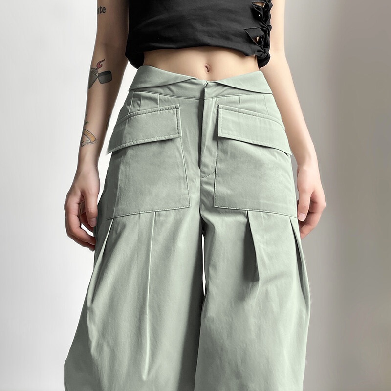 Kliou Quần Dài Dáng Rộng Lưng Cao Phối Túi Phong Cách Hip hop Mỹ Thời Trang 2023