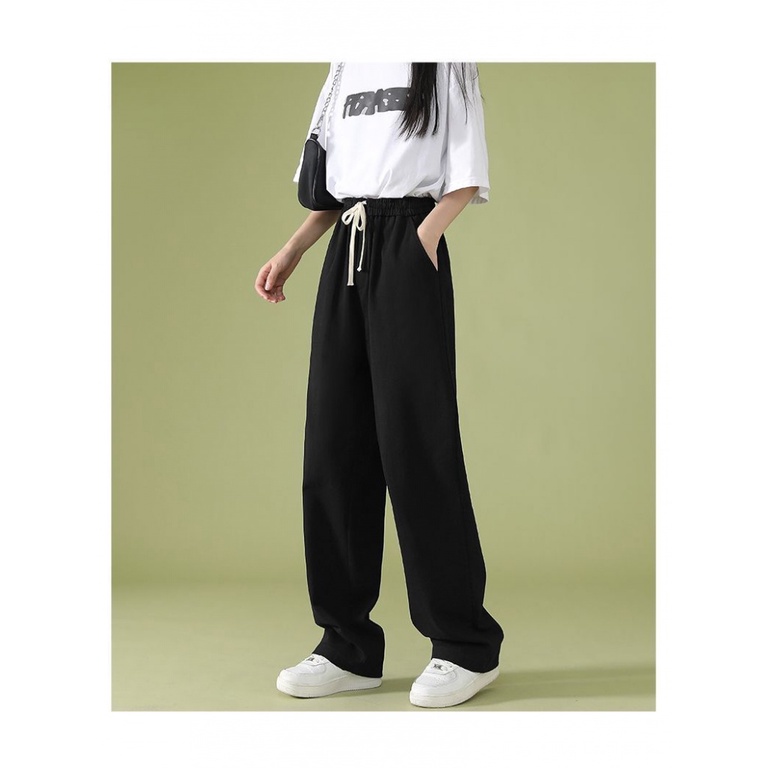 Quần Dài Lưng Cao Ống Rộng Màu Trơn Thời Trang Đường Phố Nhật Bản