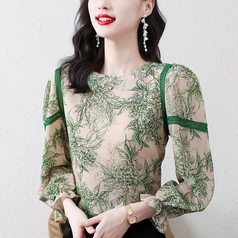 Áo Sơ Mi Chiffon Cổ Tròn Tay Dài Màu Xanh Lá In Họa Tiết Thời Trang Mùa Xuân Cho Nữ