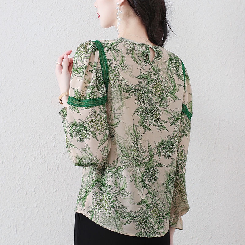 Áo Sơ Mi Chiffon Cổ Tròn Tay Dài Màu Xanh Lá In Họa Tiết Thời Trang Mùa Xuân Cho Nữ