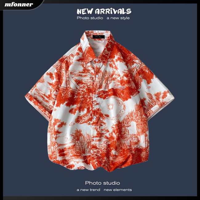 Áo Thun Lụa Lạnh Tay Ngắn Cổ Bẻ In Hình Phong Cảnh Phong Cách Retro Cho Nam Giới