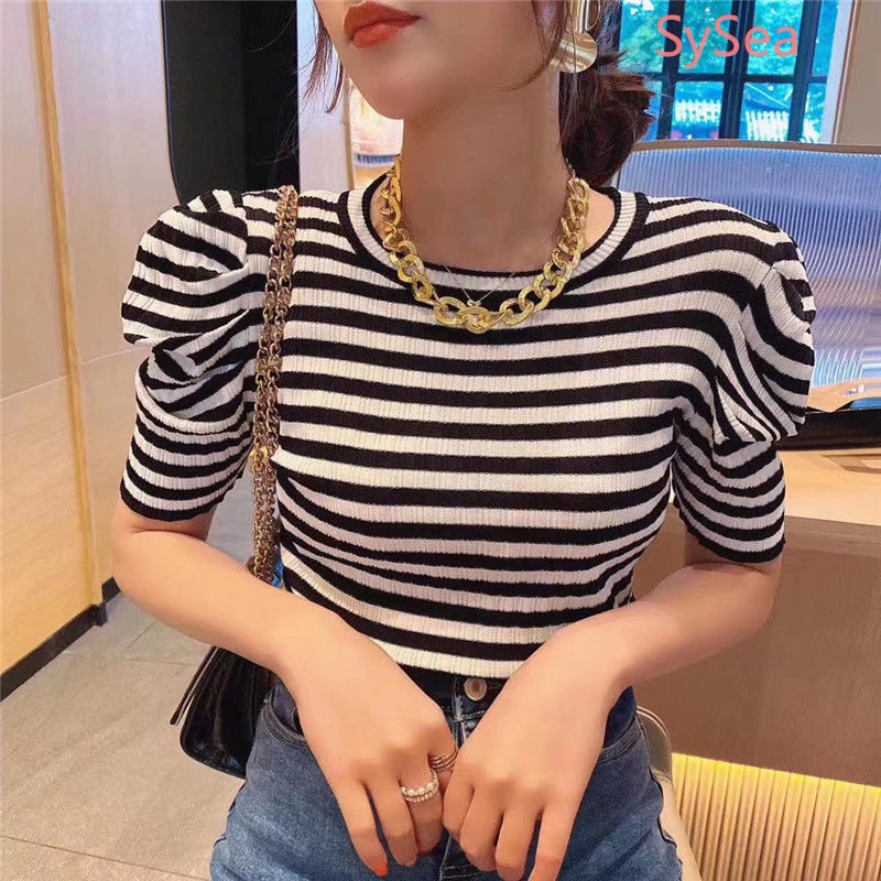 Áo Dệt Kim Tay Phồng Họa Tiết Kẻ Sọc Thời Trang Mùa Hè Hàn Quốc Cho Nữ