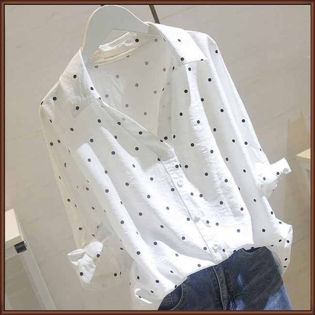 Áo Sơ Mi Cotton Chữ A Tay Lửng Cổ Chữ V Họa Tiết Chấm Bi Thời Trang Xuân Thu Cho Nữ
