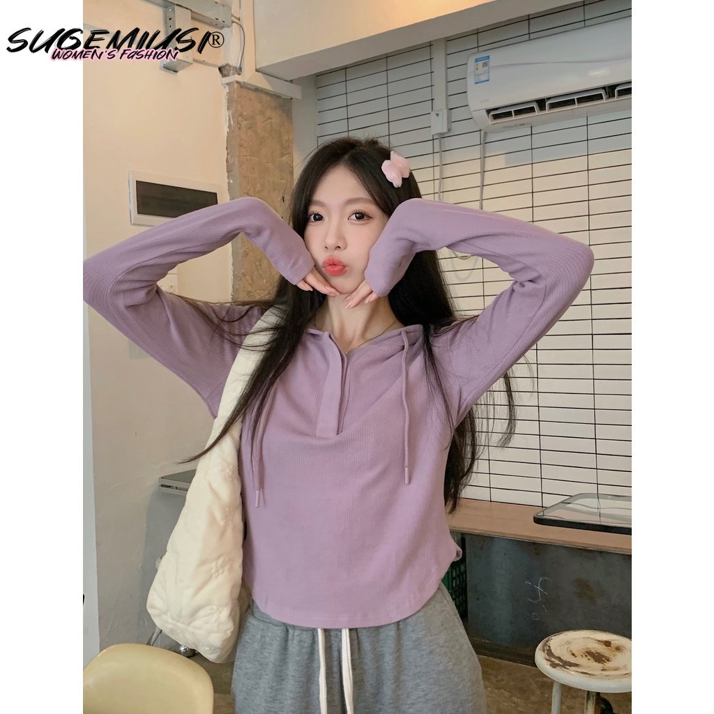 Áo hoodie SUGEMIUSI tay dài dáng ngắn ôm vừa vặn màu tím trơn cao cấp thời trang mùa thu dành cho nữ