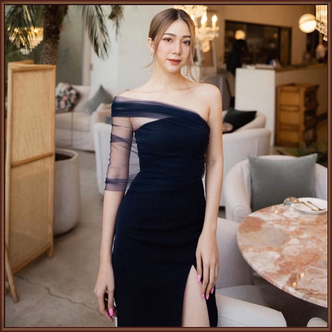 Đầm Ống Màu Trơn Không Tay Nhìn Xuyên Thấu Xẻ Tà Gợi Cảm Cho Nữ