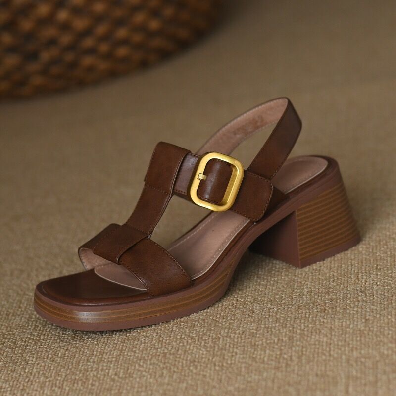Giày Sandal Gót Dày Mũi Vuông Bằng Da Thật Chống Nước Phong Cách Retro Cho Nữ