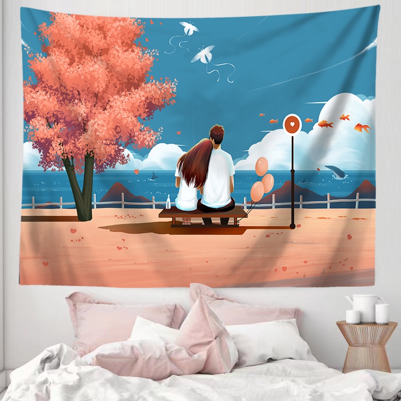 Thảm Treo Tường Bằng Polyester In Hình Cá Voi Và Cô Gái Trong Đám Mây Kèm Kẹp Trang Trí Phòng Ngủ