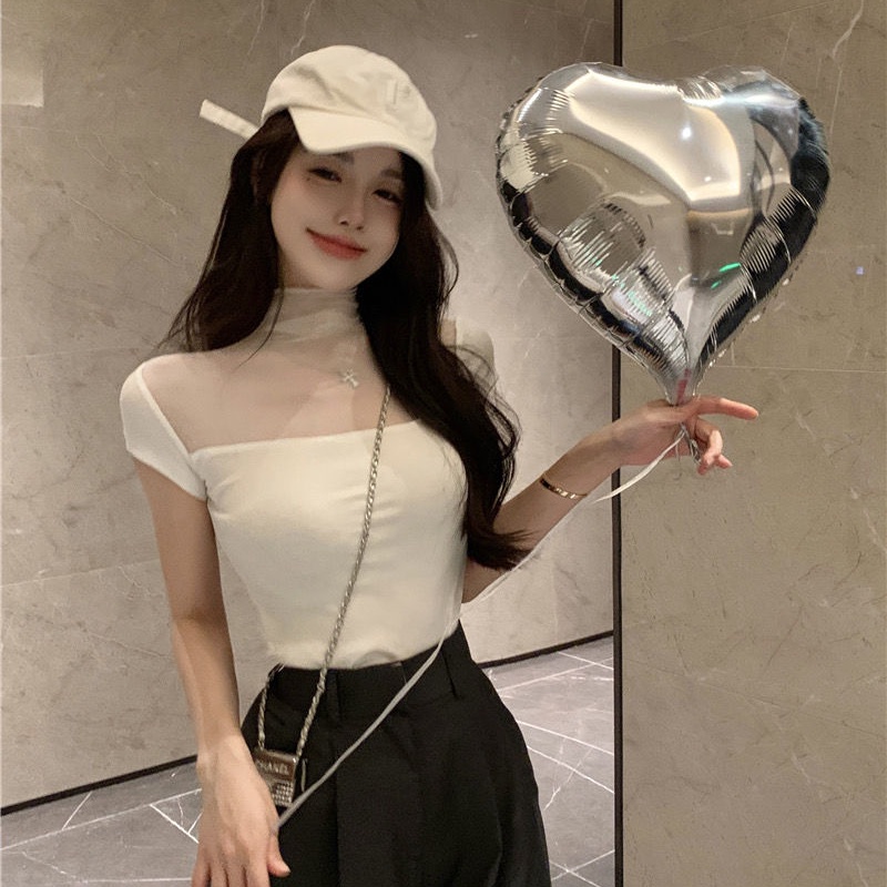 Áo thun COZOK ngắn tay cổ cao phối lưới ôm dáng gợi cảm dành cho nữ