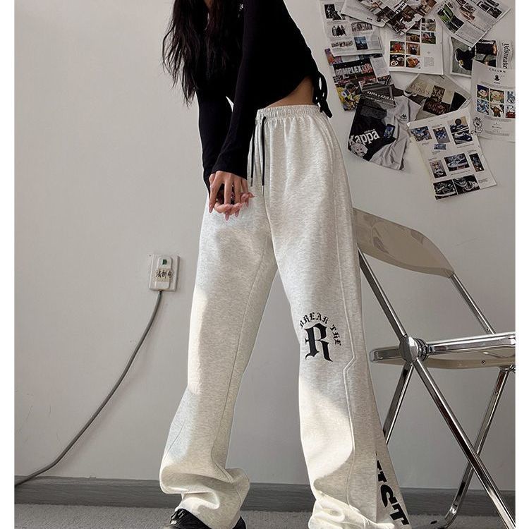 Jiashucheng Quần Dài Thể Thao Dáng Suông In Chữ Màu Trắng Xám Kiểu Hip-Hop Cá Tính Cho Nữ