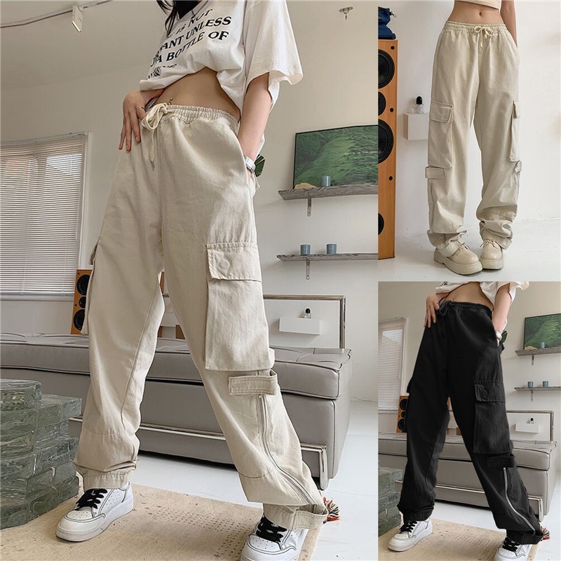 Quần kaki Cargo ROKY màu ĐEN/BE dài suông ống rộng túi hộp trơn form nam nữ unisex Quần baggy kaki style Ulzzang