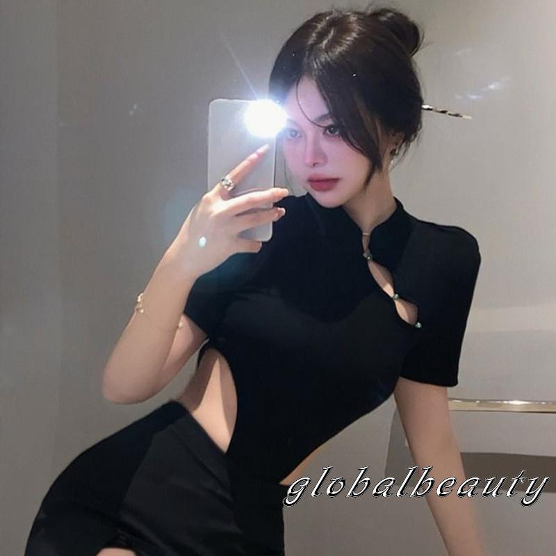 Áo Liền Quần Ngắn Tay Cổ Đứng Khoét Lỗ Cắt Eo Phối Nút Thời Trang Cho Nữ