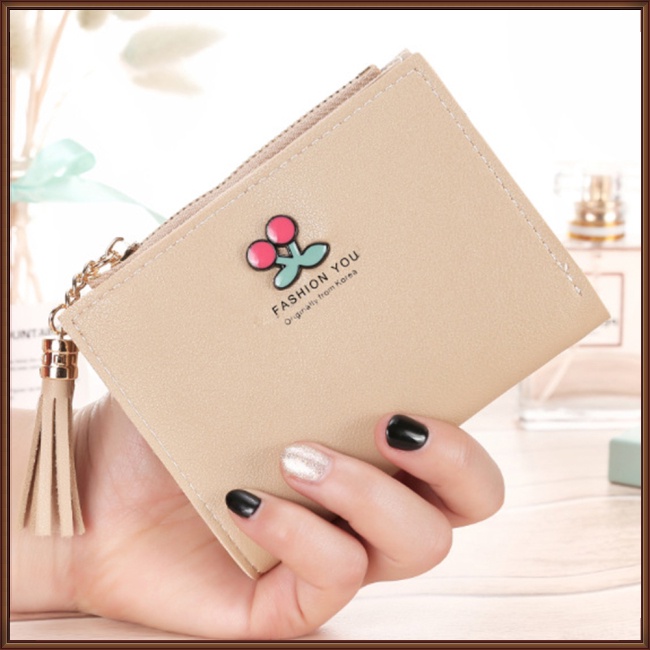 Ví Ngắn Dạng Gập Có Nhiều Ngăn Đựng Thẻ Màu Trơn Đính Tua Rua Và Khóa Kéo Thời Trang Cho Nữ