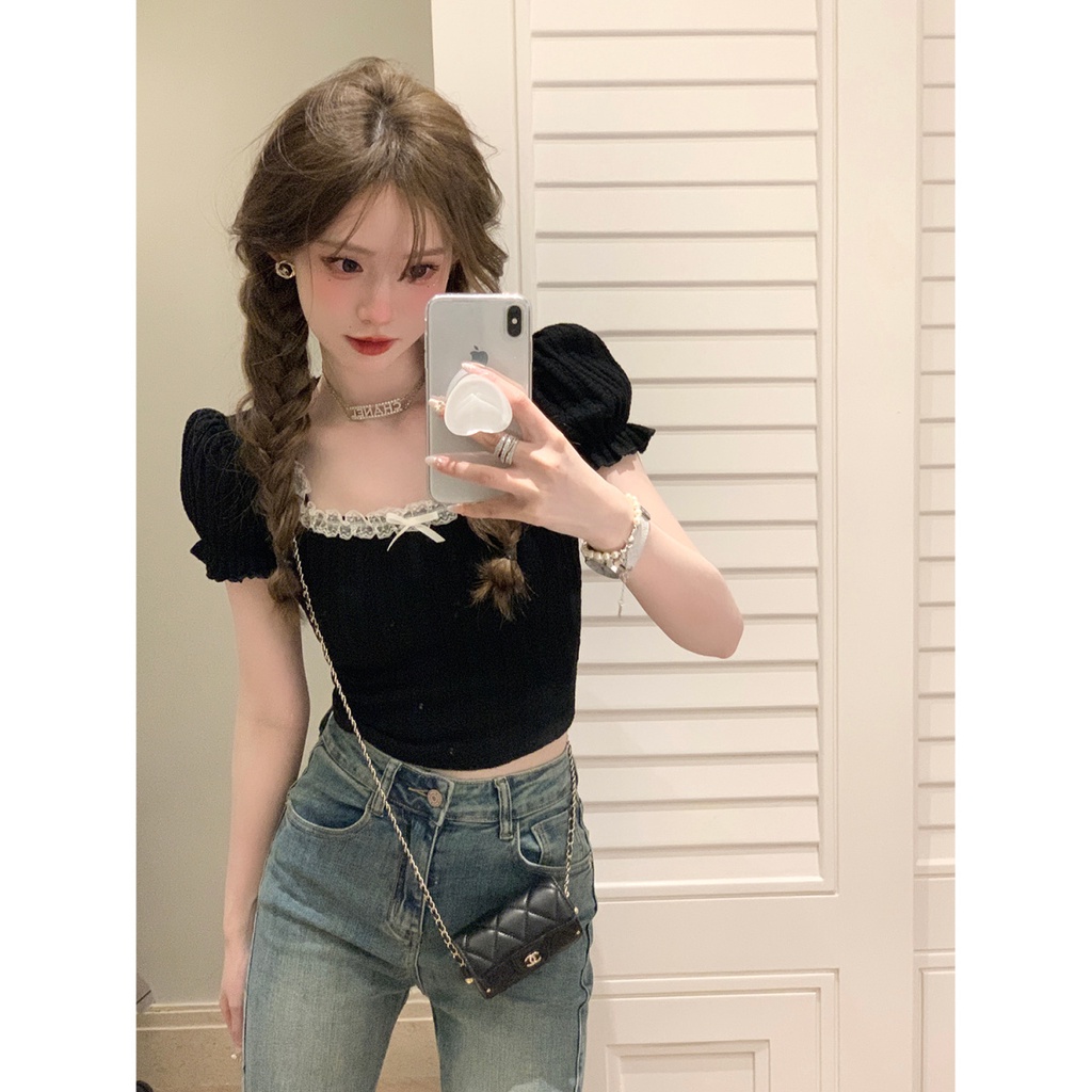 Áo Tay Ngắn Cổ Vuông Phối Ren Mỏng Thời Trang Mùa Hè Hàng Mới Dành Cho Bạn Nữ