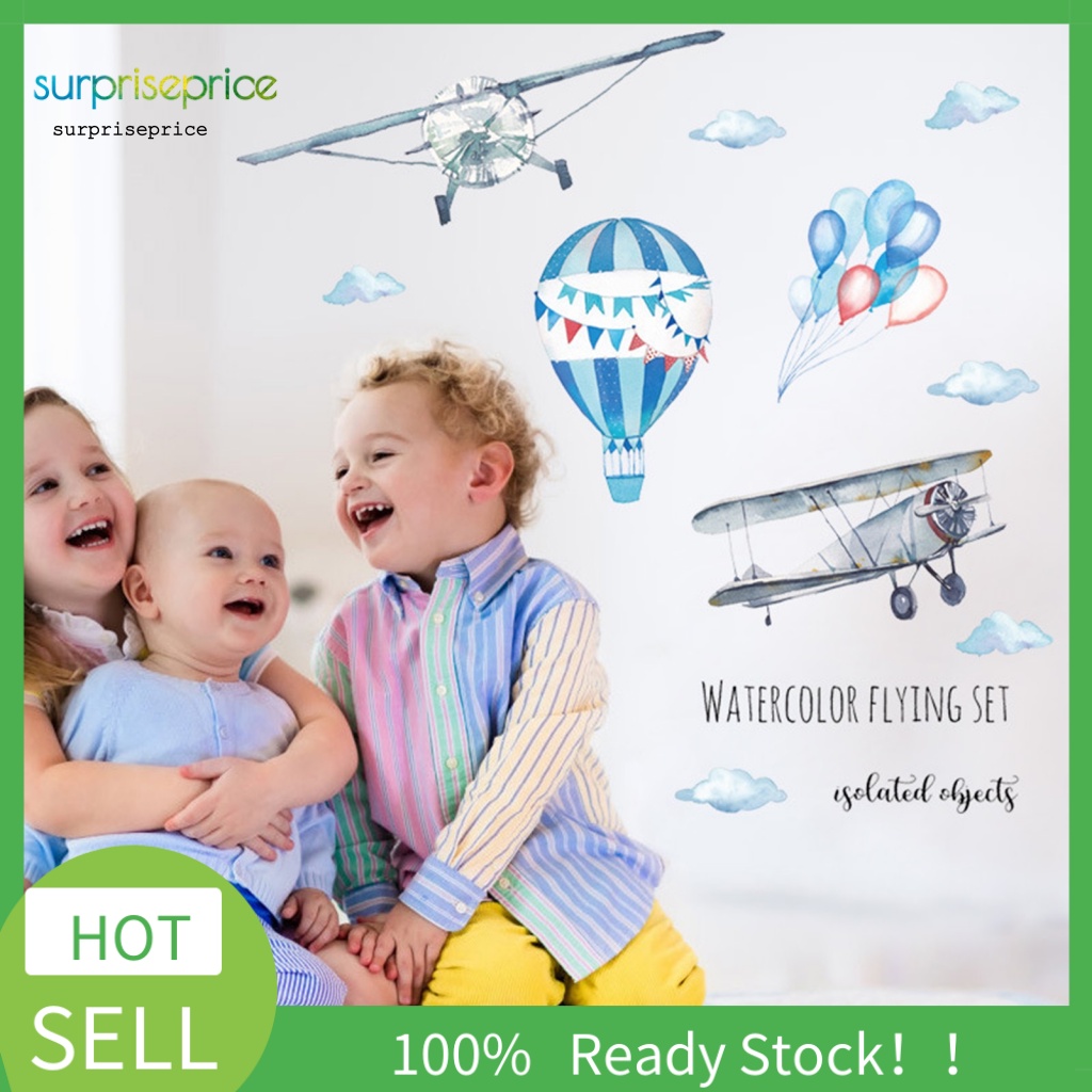 Miếng Dán Tường Trang Trí Hình Máy Bay Màu Nước Vẽ Tay Tháo Được