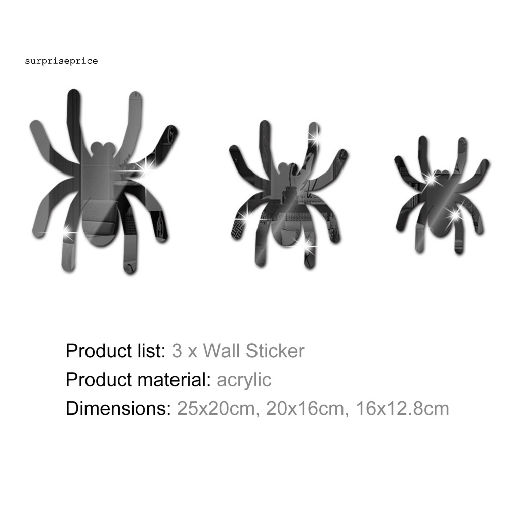 Set 3 Decal dán tường Mặt Gương Hình Nhện 3D Sống Động Chống Nước Có Thể Tháo Gỡ Trang Trí Tiệc Tù