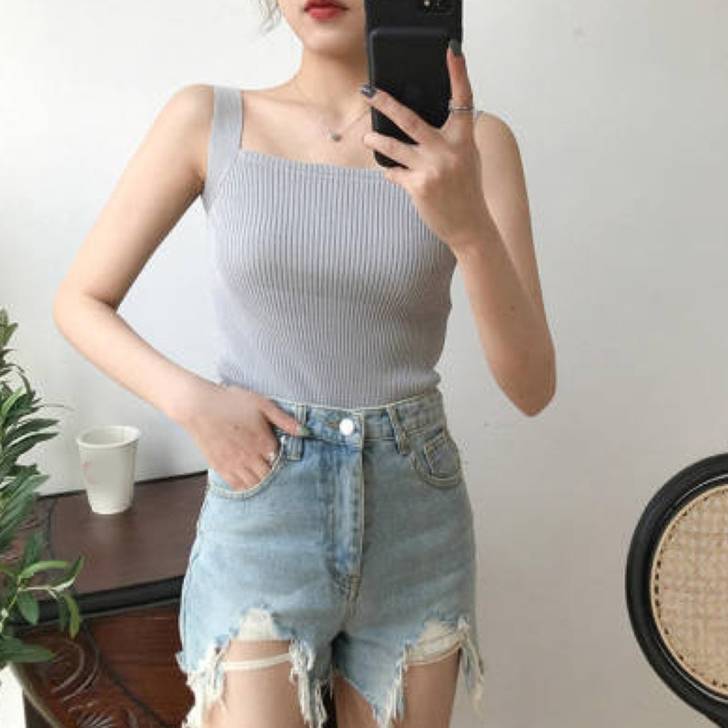 Áo Hai Dây Dệt Kim Cổ Vuông Màu Sắc Nổi Bật Thời Trang Cho Nữ