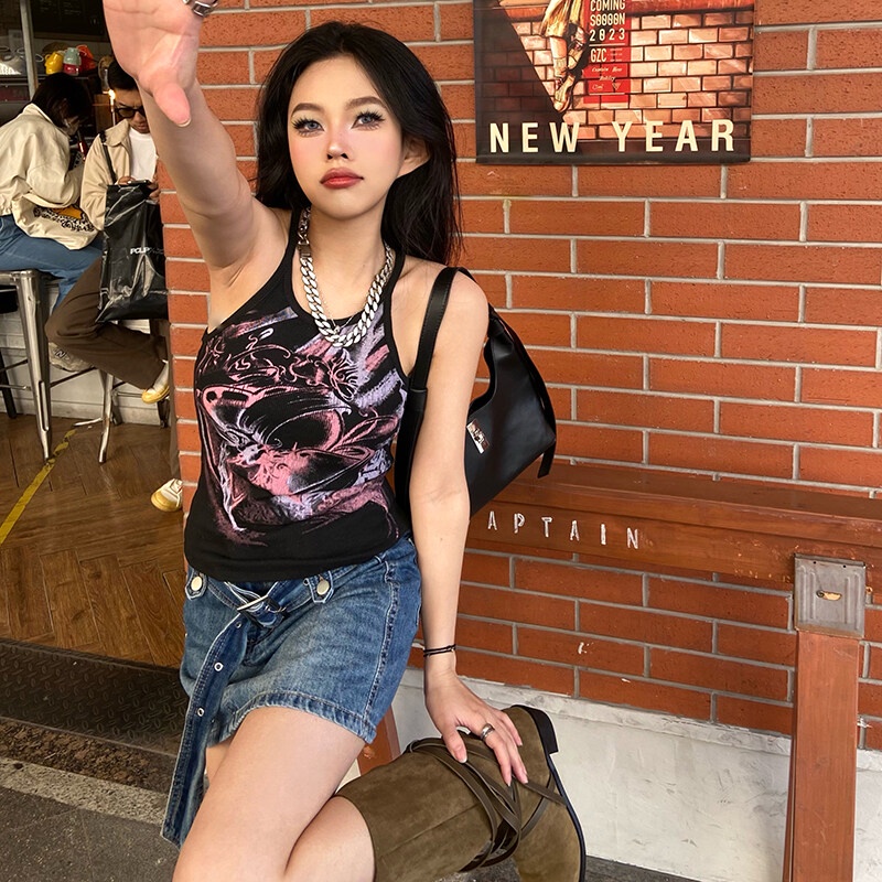 Áo Hai Dây Mùa Hè Dáng Ôm Co Giãn In Họa Tiết Hoa Y2K Cho Nữ