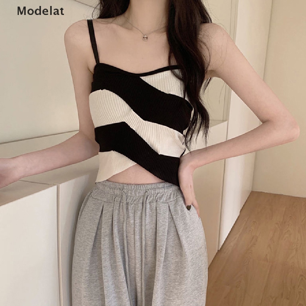 Áo Croptop Dệt Kim Không Tay Dáng Ôm Họa Tiết Kẻ Sọc Màu Sắc Thời Trang Mùa Hè Quyến Rũ Cho Nữ