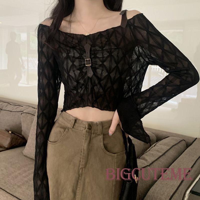 [] - Áo Thun Crop Top Tay Dài Phối Lưới Mỏng Xuyên Thấu Có Khóa Cài Phía Trước
