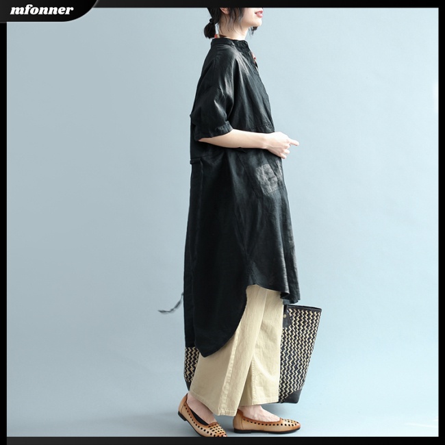 Áo Sơ Mi Nữ Tay Dài Dáng Rộng Bằng Cotton Linen Màu Trơn Thời Trang