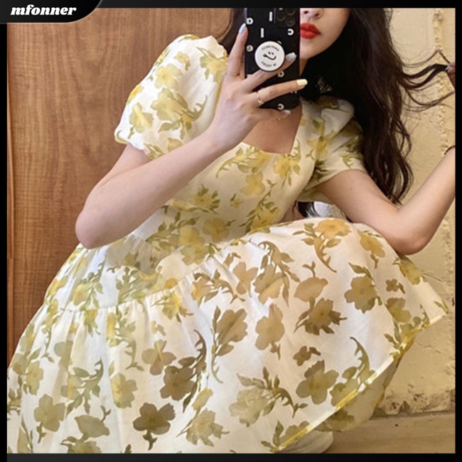 Đầm Chữ A Tay Ngắn Cổ Thuyền Họa Tiết Hoa Phong Cách Pháp Ngọt Ngào Thời Trang Mùa Hè Cho Nữ