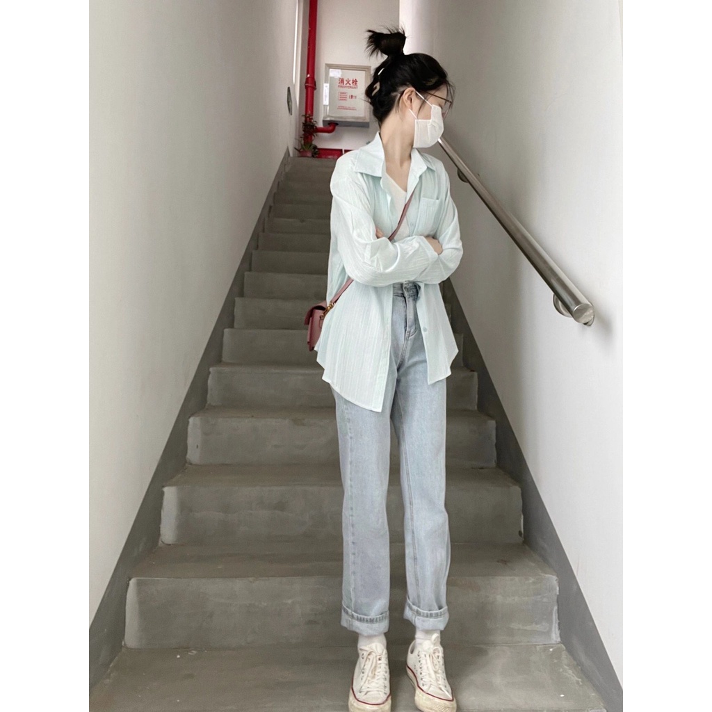 Áo sơ mi nữ SUXI tay dài dáng rộng đơn giản phong cách Hàn Quốc