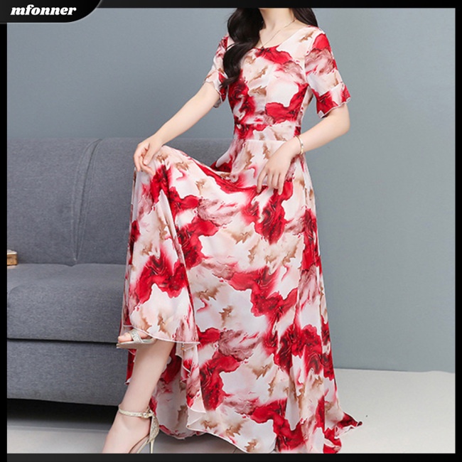 Đầm Midi Chữ A Ngắn Tay Cổ Tròn Lưng Cao In Hoa Thời Trang Mùa Hè Cho Nữ