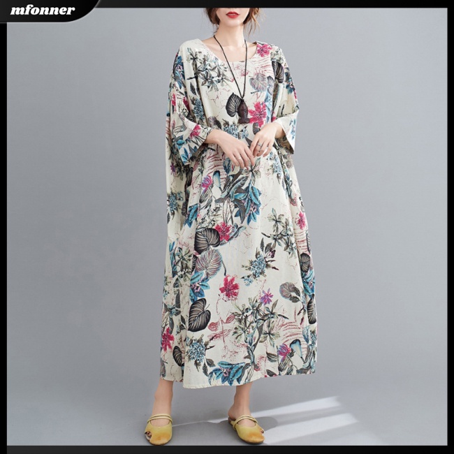 Đầm Dài Vải Lanh Cotton Tay Ngắn Cổ Tròn Plus Size Thời Trang Mùa Hè Cho Nữ