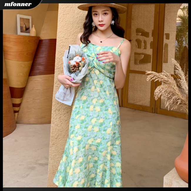 Đầm Midi Hai Dây Nhún Bèo In Họa Tiết Hoa Thời Trang Mùa Hè Cho Nữ