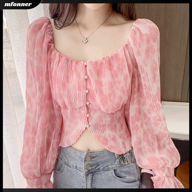 Áo Voan Cổ Vuông Tay Loe Xếp Ly In Họa Tiết Phong Cách Pháp Cổ Điển Thời Trang Cho Nữ