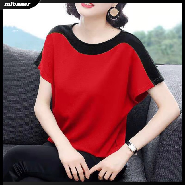 Áo Thun Tay Ngắn Cổ Tròn Phối Màu Tương Phản Thời Trang Cho Nữ