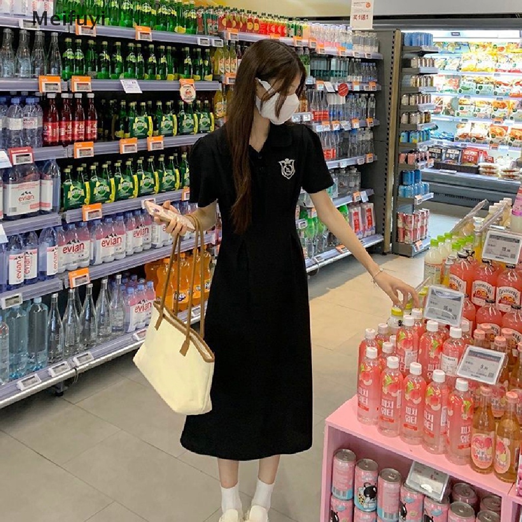 [Meifuyi] Đầm Dáng Chữ A Cổ Bẻ Tay Ngắn Ôm Eo Phong Cách Preppy Thời Trang Mùa Hè Cho Nữ