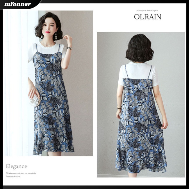 Đầm Giả Hai Mảnh Dáng Suông Tay Cộc Cổ Tròn Giả Hai Mảnh In Họa Tiết Hoa Thoải Mái Cho Nữ